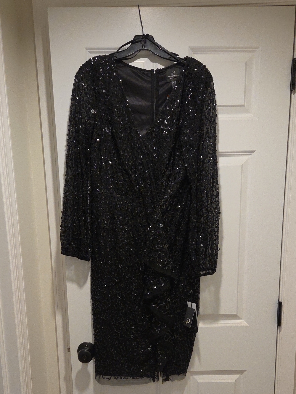 Adrianna Papell Black Sequin Wrap-Effect Long Sleeve Dress